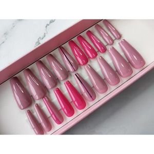 Pink and Dangerous Stripped Long Coffin Press On Nails Long